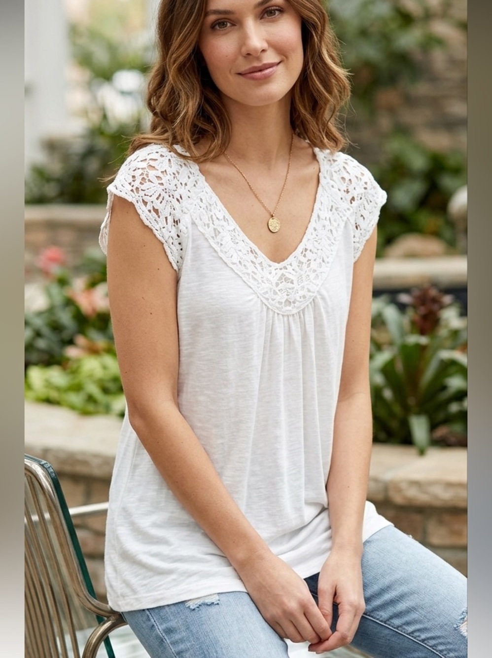 Tribal White Crochet V Neck Cap‎ Sleeve Boho Coastal Grandma Blouse size large